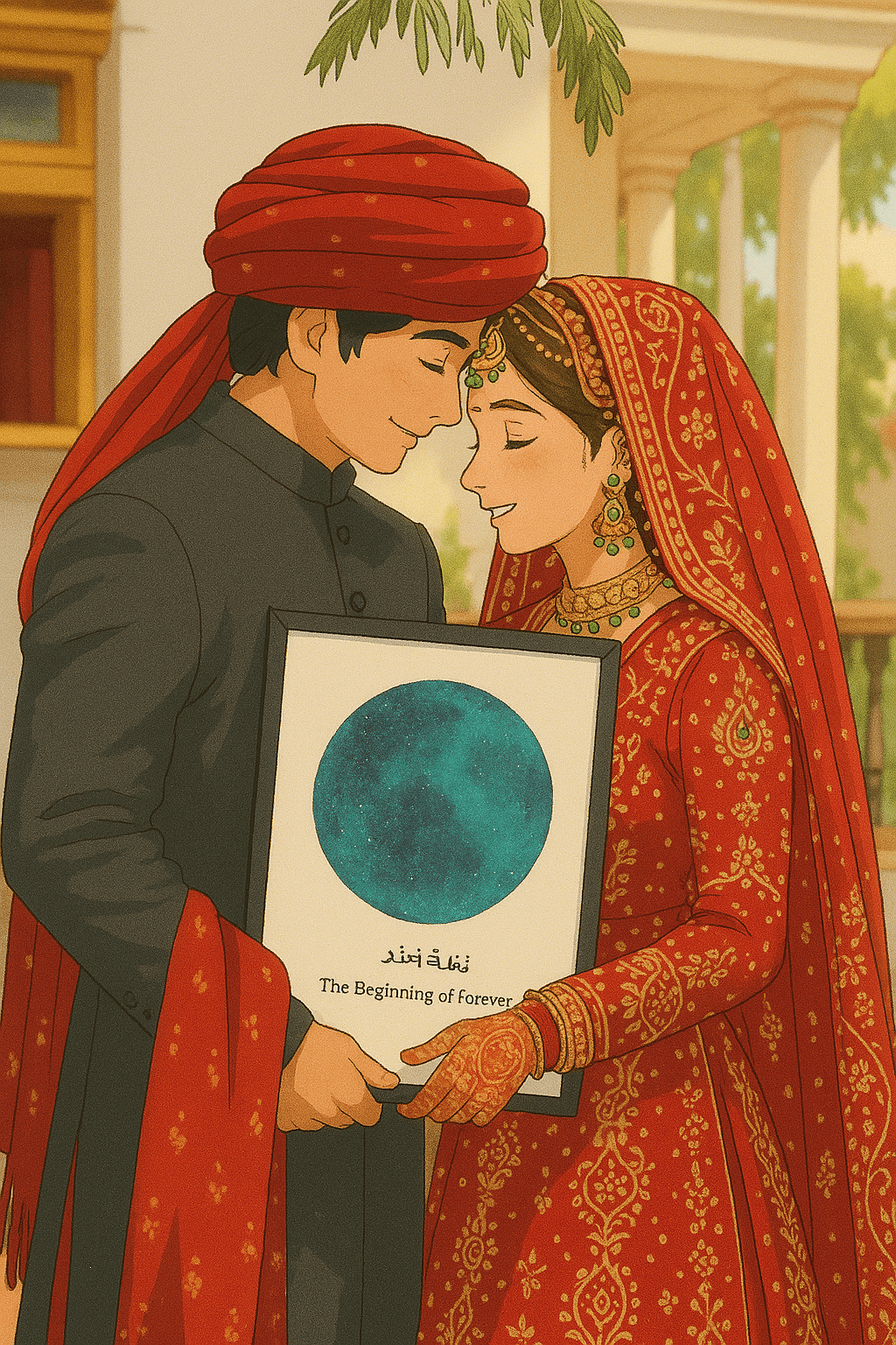 Wedding couple holding a star map with 'The Beginning of Forever' caption